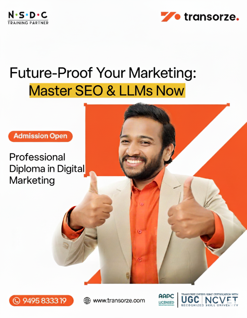 Transorze poster for digital marketing and SEO course blog post on LLMs and AI for a lifelong career.
